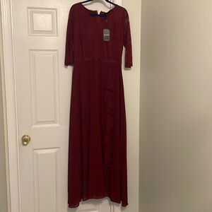 MIUSOL A LINE GOWN BRIDESMAID EVENING SIZE XL WINE RUFFLE 3/4 SLEEVE LACE